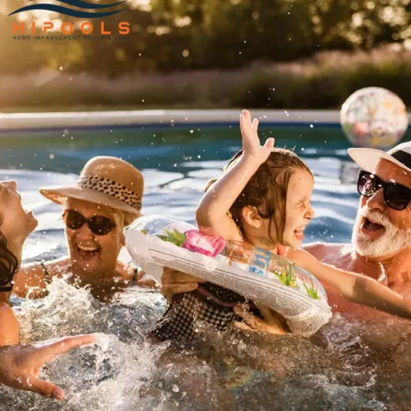 A family happily splashing around in their newly installed backyard swimming pool on a sunny day