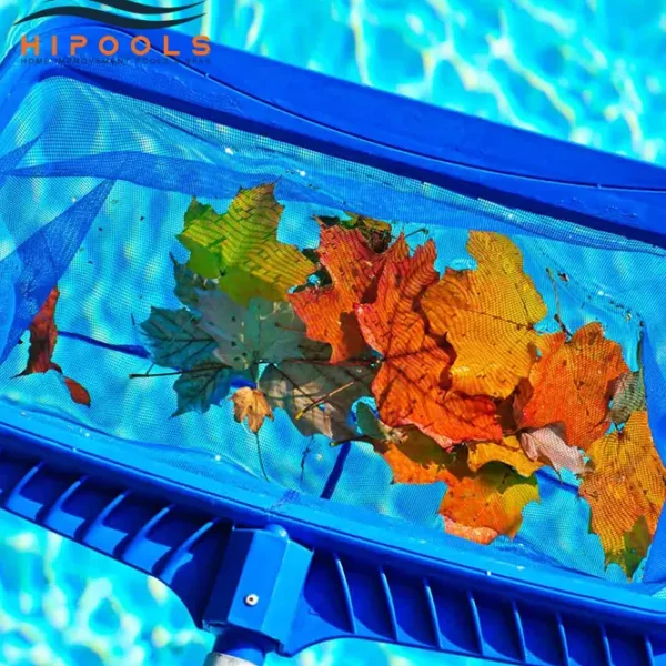 A person using a skimmer net to remove leaves and debris from a sparkling blue swimming pool